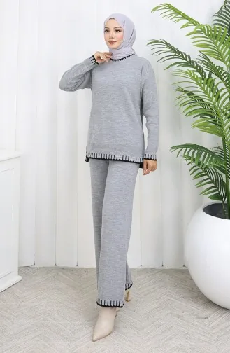 Ensemble Deux Pièces Pull-pantalon En Tricot à Détails De Cils 0015-03 Gris 0015-03