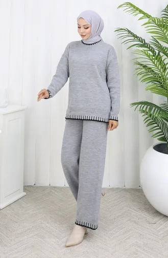 Ensemble Deux Pièces Pull-pantalon En Tricot à Détails De Cils 0015-03 Gris 0015-03