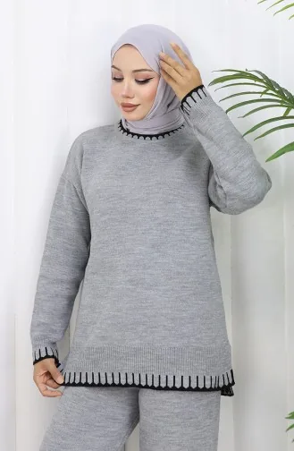Ensemble Deux Pièces Pull-pantalon En Tricot à Détails De Cils 0015-03 Gris 0015-03