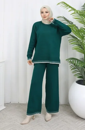 طقم من قطعتين من سترة وبنطلون محبوك بتفاصيل رموش 0015-04 بترولي 0015-04