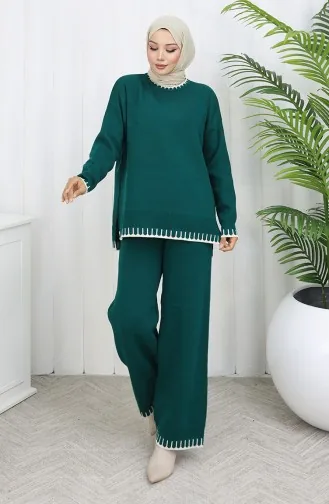 طقم من قطعتين من سترة وبنطلون محبوك بتفاصيل رموش 0015-04 بترولي 0015-04