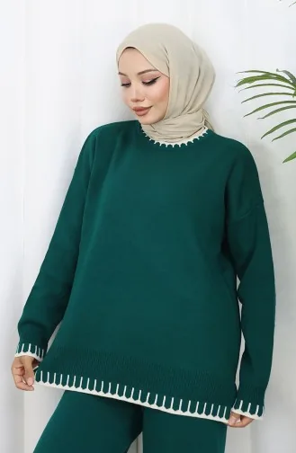 طقم من قطعتين من سترة وبنطلون محبوك بتفاصيل رموش 0015-04 بترولي 0015-04