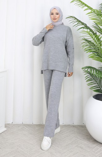 Knitwear Heart Patterned Sweater Trousers Two Piece Set 0016-06 Gray 0016-06