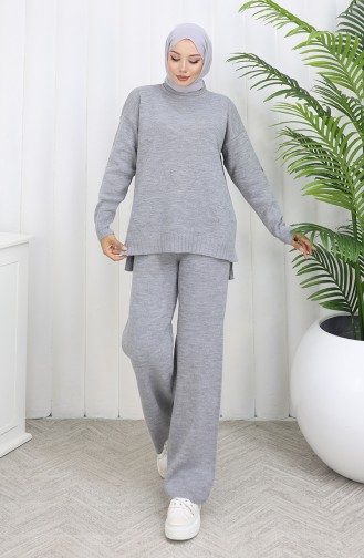 Knitwear Heart Patterned Sweater Trousers Two Piece Set 0016-06 Gray 0016-06