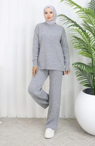 Knitwear Heart Patterned Sweater Trousers Two Piece Set 0016-06 Gray 0016-06