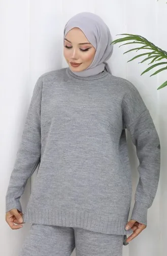 Knitwear Heart Patterned Sweater Trousers Two Piece Set 0016-06 Gray 0016-06