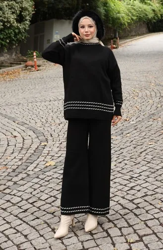 Ensemble Deux Pièces Pull-pantalon De Transition En Tricot Avec Passepoil 0017-01 Noir 0017-01