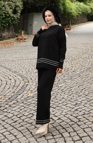 Ensemble Deux Pièces Pull-pantalon De Transition En Tricot Avec Passepoil 0017-01 Noir 0017-01