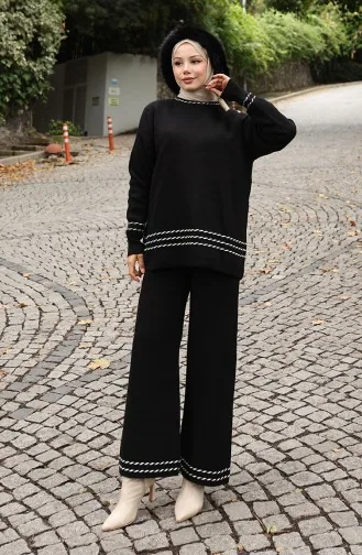 Ensemble Deux Pièces Pull-pantalon De Transition En Tricot Avec Passepoil 0017-01 Noir 0017-01