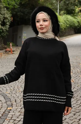 Ensemble Deux Pièces Pull-pantalon De Transition En Tricot Avec Passepoil 0017-01 Noir 0017-01