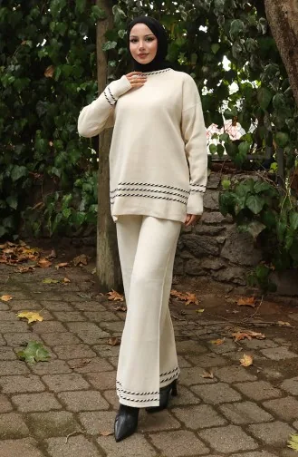 Ensemble Deux Pièces Pull Et Pantalon En Maille à Biais 0017-04 Beige 0017-04