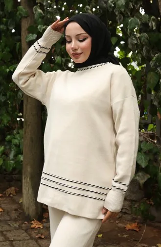 Ensemble Deux Pièces Pull Et Pantalon En Maille à Biais 0017-04 Beige 0017-04