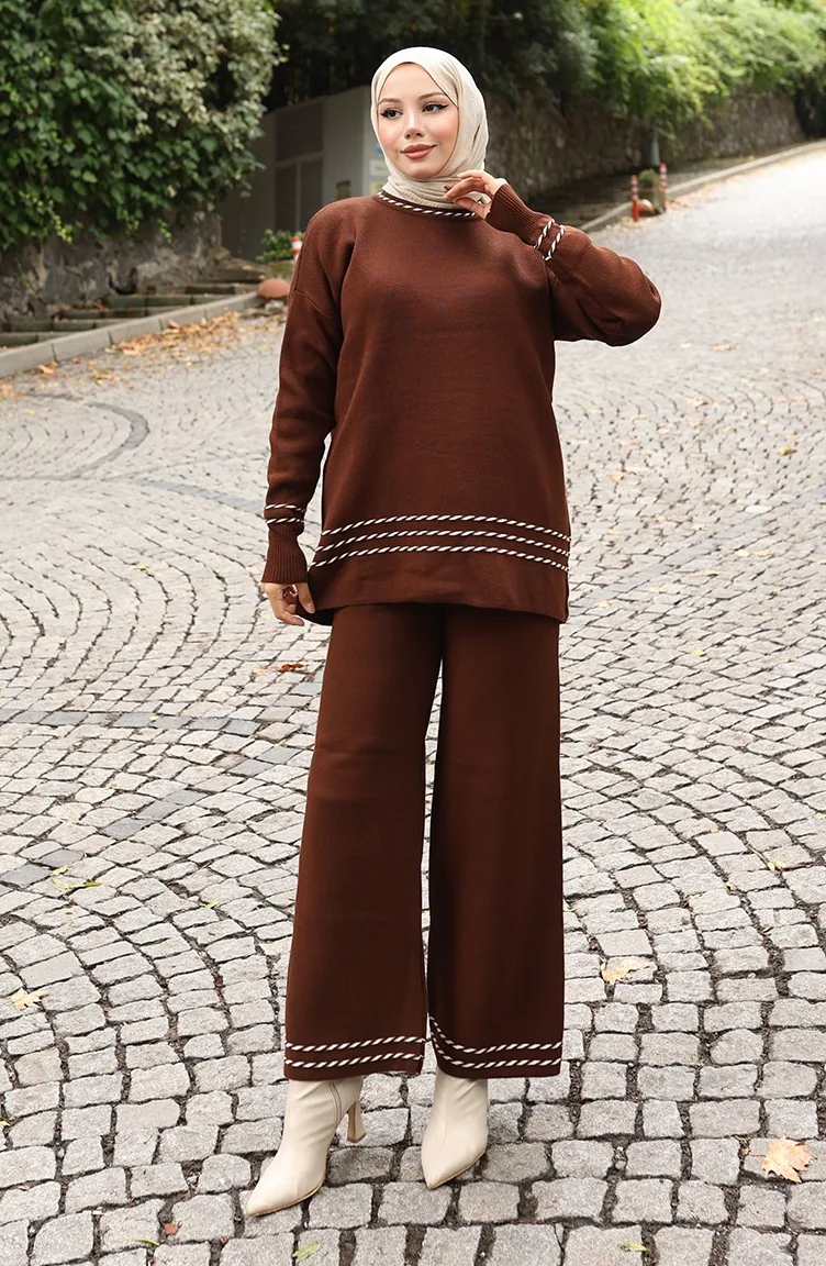 Ensemble Deux Pièces Pull-pantalon De Transition En Tricot Passepoilé 0017-07 Marron 0017-07