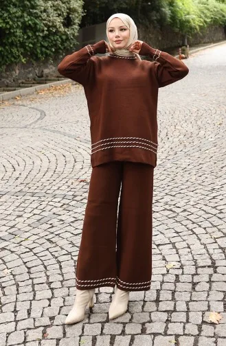 Ensemble Deux Pièces Pull-pantalon De Transition En Tricot Passepoilé 0017-07 Marron 0017-07