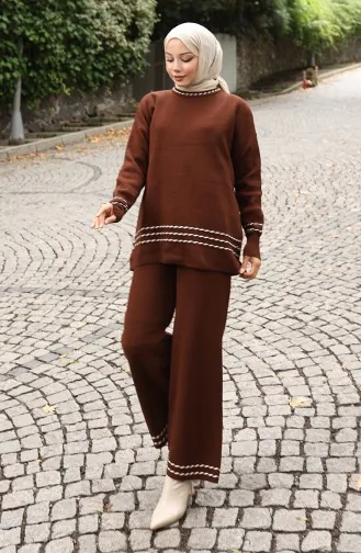Ensemble Deux Pièces Pull-pantalon De Transition En Tricot Passepoilé 0017-07 Marron 0017-07