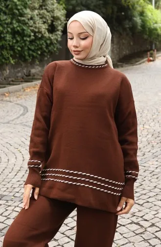 Ensemble Deux Pièces Pull-pantalon De Transition En Tricot Passepoilé 0017-07 Marron 0017-07
