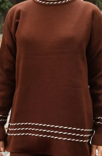 Ensemble Deux Pièces Pull-pantalon De Transition En Tricot Passepoilé 0017-07 Marron 0017-07