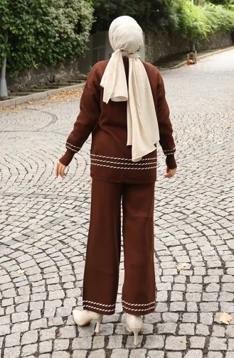 Ensemble Deux Pièces Pull-pantalon De Transition En Tricot Passepoilé 0017-07 Marron 0017-07