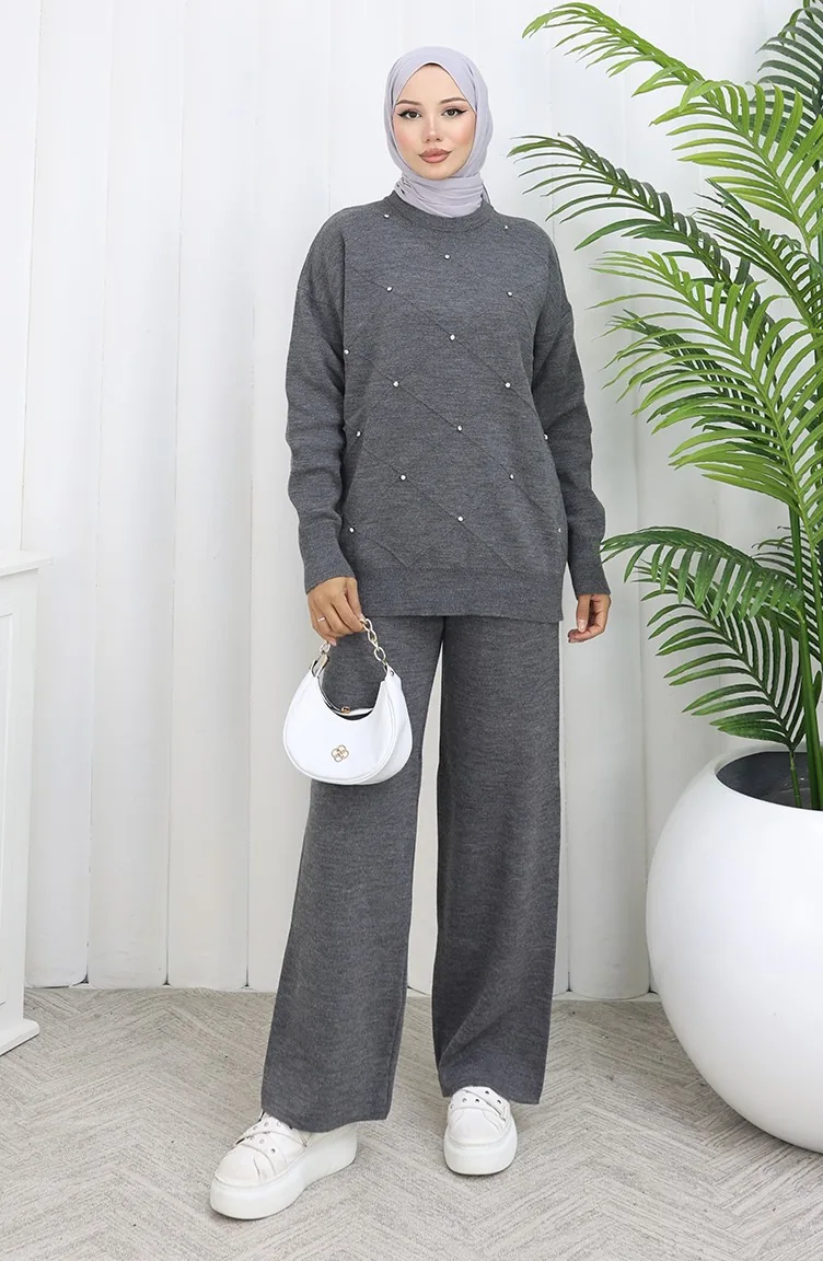 Ensemble Deux Pièces Pull Et Pantalon En Maille à Motifs Diamantés 0018-01 Anthracite 0018-01