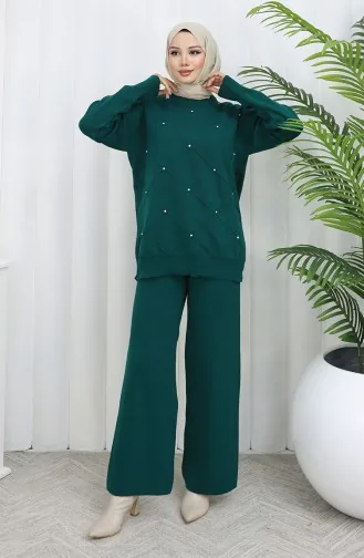 طقم من قطعتين من سترة وبنطلون محبوك بنقوش ماسية مرصعة بالأحجار 0018-02 بترولي 0018-02