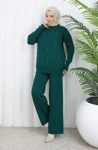 طقم من قطعتين من سترة وبنطلون محبوك بنقوش ماسية مرصعة بالأحجار 0018-02 بترولي 0018-02