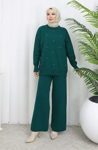 طقم من قطعتين من سترة وبنطلون محبوك بنقوش ماسية مرصعة بالأحجار 0018-02 بترولي 0018-02