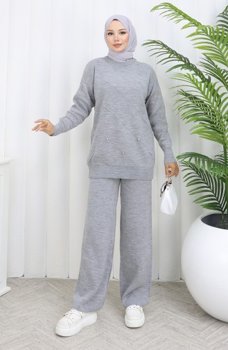 Knitwear Diamond Patterned Stoned Sweater Trousers Two Piece Set 0018-07 Gray 0018-07