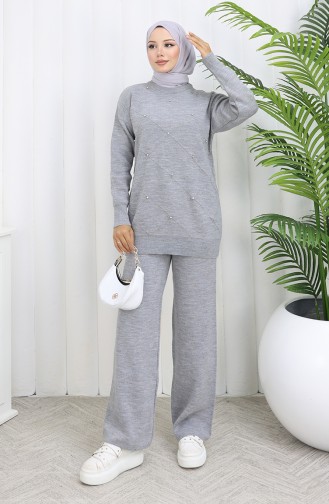 Knitwear Diamond Patterned Stoned Sweater Trousers Two Piece Set 0018-07 Gray 0018-07