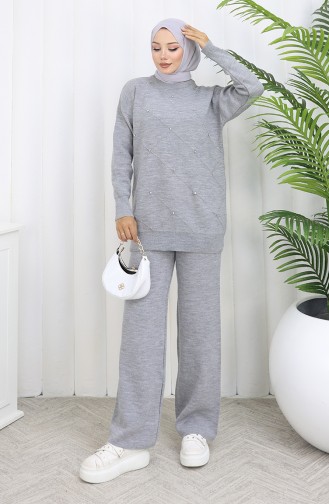 Knitwear Diamond Patterned Stoned Sweater Trousers Two Piece Set 0018-07 Gray 0018-07