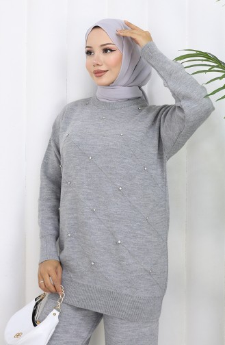 Knitwear Diamond Patterned Stoned Sweater Trousers Two Piece Set 0018-07 Gray 0018-07