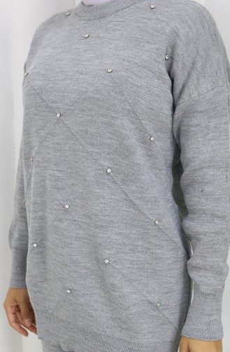 Knitwear Diamond Patterned Stoned Sweater Trousers Two Piece Set 0018-07 Gray 0018-07