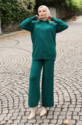 Strickwaren Stein Detail Pullover Hose Zweiteiler Set 0019-01 Petrol 0019-01