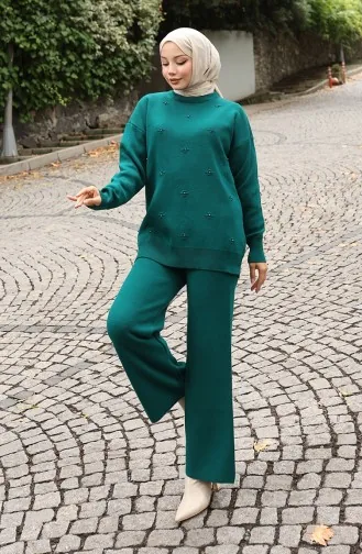 Strickwaren Stein Detail Pullover Hose Zweiteiler Set 0019-01 Petrol 0019-01