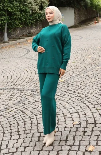 Strickwaren Stein Detail Pullover Hose Zweiteiler Set 0019-01 Petrol 0019-01