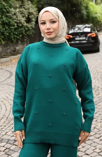 Strickwaren Stein Detail Pullover Hose Zweiteiler Set 0019-01 Petrol 0019-01