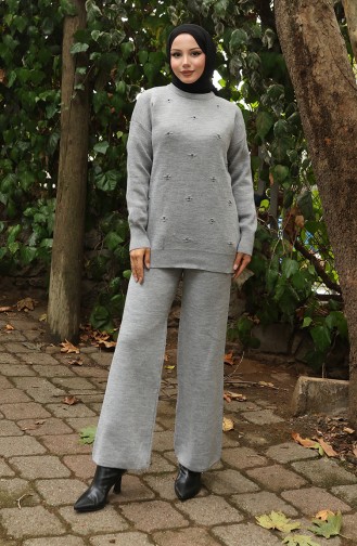Ensemble Deux Pièces Pull Et Pantalon En Maille Avec Détails En Pierre 0019-02 Gris 0019-02