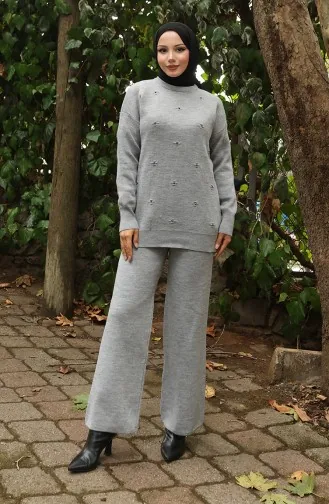 Strickwaren Stein Detail Pullover Hose Zweiteiler Set 0019-02 Grau 0019-02