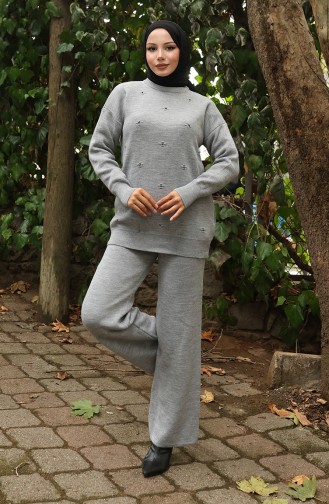 Ensemble Deux Pièces Pull Et Pantalon En Maille Avec Détails En Pierre 0019-02 Gris 0019-02