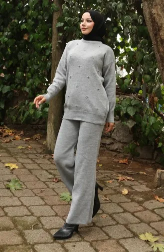 Strickwaren Stein Detail Pullover Hose Zweiteiler Set 0019-02 Grau 0019-02