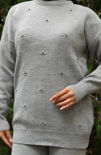 Strickwaren Stein Detail Pullover Hose Zweiteiler Set 0019-02 Grau 0019-02