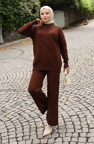 Ensemble Deux Pièces Pull Et Pantalon En Maille Avec Détails En Pierre 0019-03 Marron 0019-03