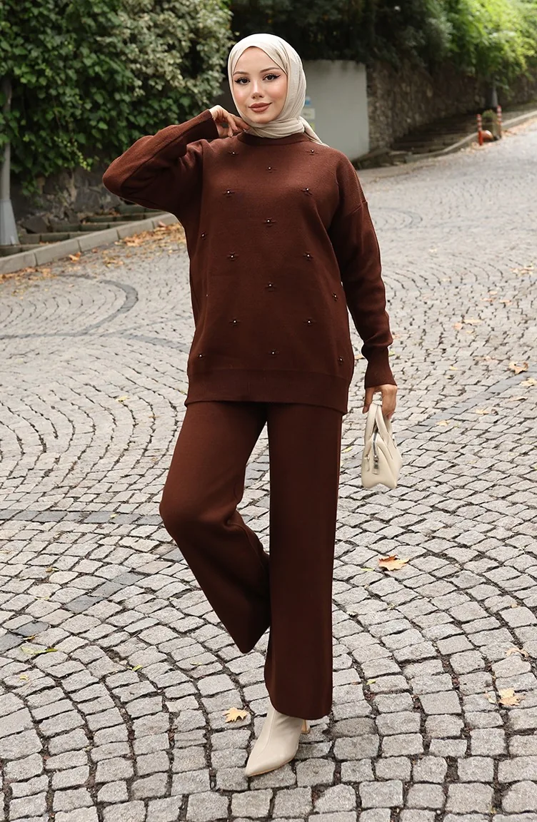 Ensemble Deux Pièces Pull Et Pantalon En Maille Avec Détails En Pierre 0019-03 Marron 0019-03