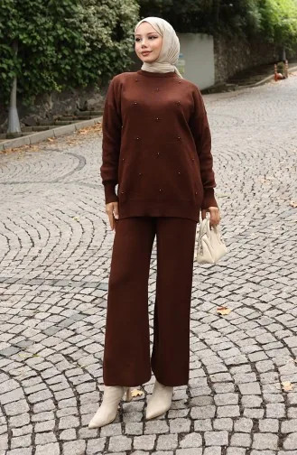 Ensemble Deux Pièces Pull Et Pantalon En Maille Avec Détails En Pierre 0019-03 Marron 0019-03