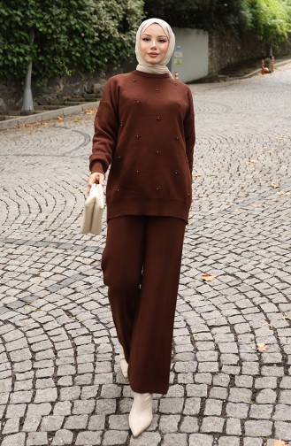 Strickwaren Stein Detail Pullover Hose Zweiteiler Set 0019-03 Braun 0019-03