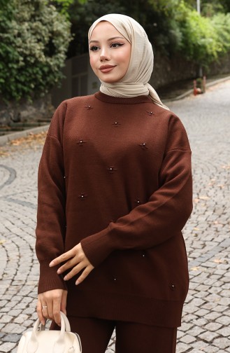 Strickwaren Stein Detail Pullover Hose Zweiteiler Set 0019-03 Braun 0019-03