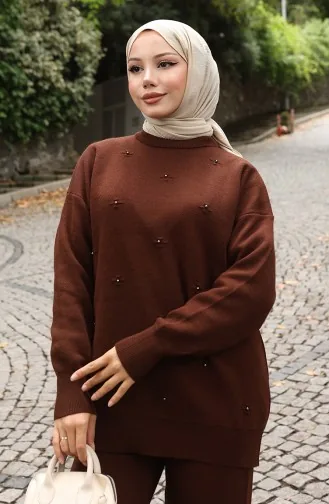 Ensemble Deux Pièces Pull Et Pantalon En Maille Avec Détails En Pierre 0019-03 Marron 0019-03