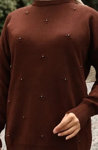Ensemble Deux Pièces Pull Et Pantalon En Maille Avec Détails En Pierre 0019-03 Marron 0019-03