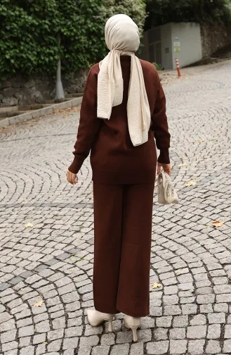 Ensemble Deux Pièces Pull Et Pantalon En Maille Avec Détails En Pierre 0019-03 Marron 0019-03