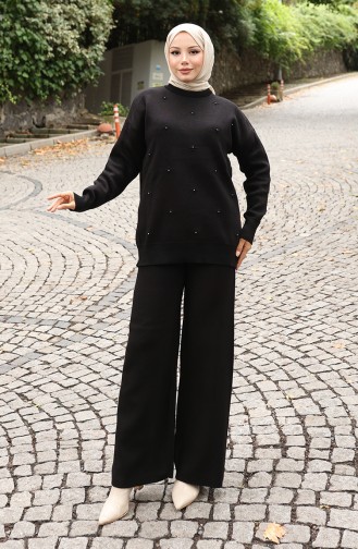 Strickwaren Stein Detail Pullover Hose Zweiteiler Set 0019-04 Schwarz 0019-04