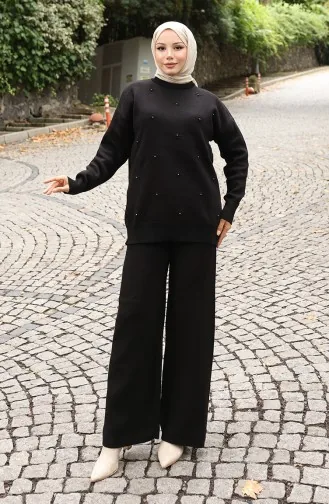 Knitwear Stone Detailed Sweater Trousers Two Piece Set 0019-04 Black 0019-04
